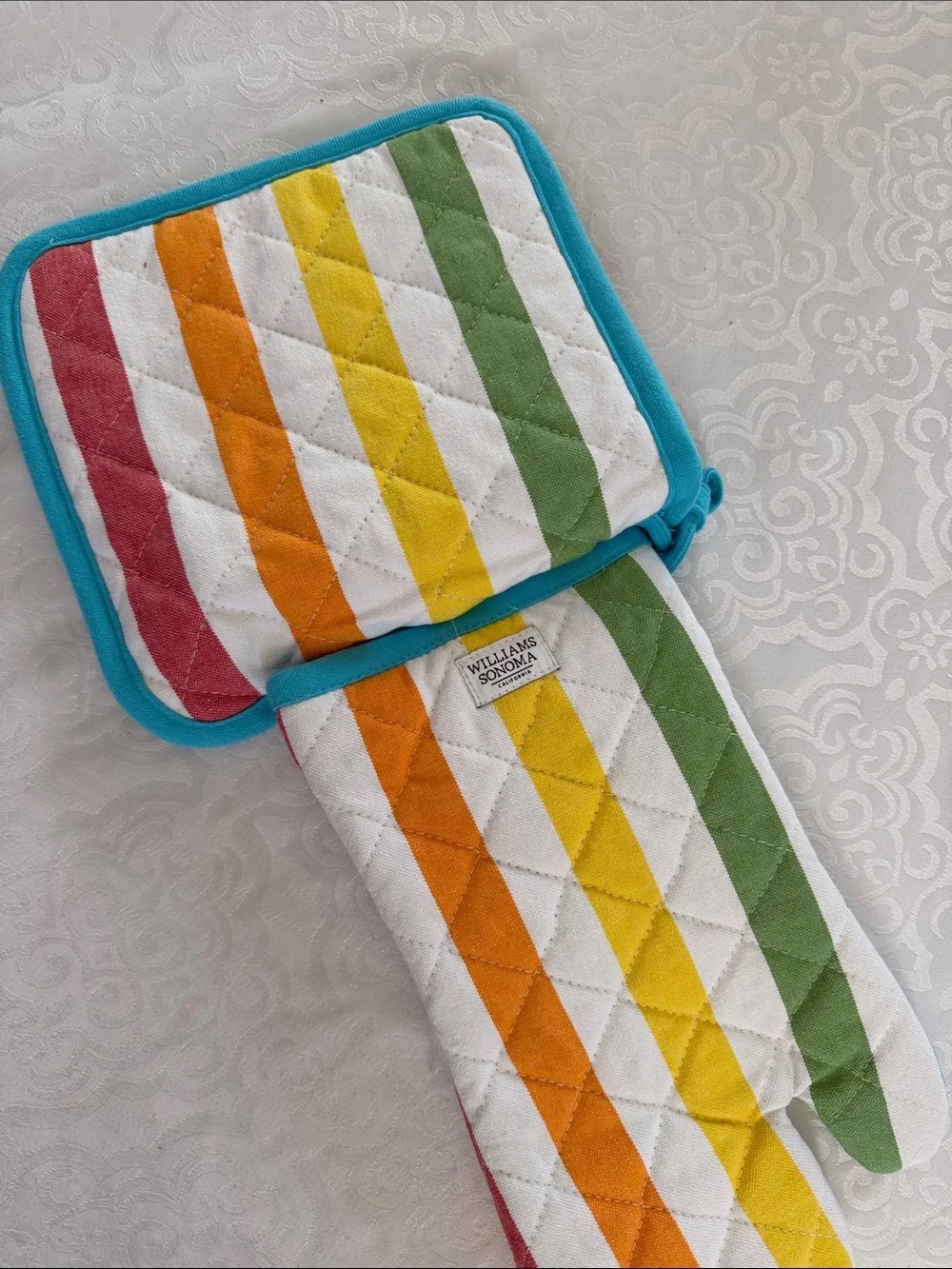Williams Sonoma Striped Oven Mitt and Pot Holder Set in Teal Trim